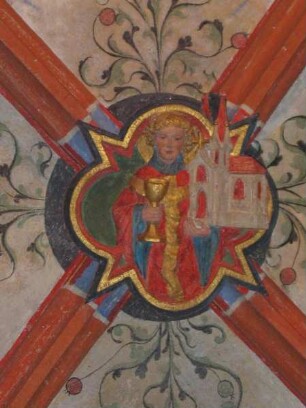 Schlußstein mit dem heiligen Goar und dem Modell der Stiftskirche