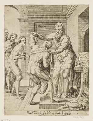 Einkleidung der Nackten, Blatt 5 der Folge "Jüngstes Gericht und die sechs Werke der Barmherzigkeit"