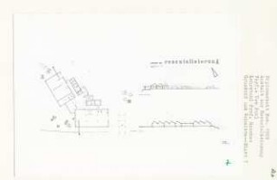 Anstalt zur Resozialisierung, Berlin-Wedding (Diplomarbeit bei Bernhard Hermkes): Werkstätten, Grundriss, Ansicht von Osten und Schnitt 1:200
