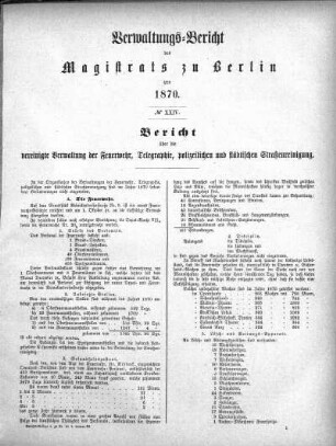 No. XXIV. Bericht über die vereinigte Verwaltung der Feuerwehr, Telegraphie, polizeilichen und städtischen Straßenreinigung