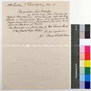 Eigenhändiger Brief von Max Liebermann an Hans W. Singer in Dresden, teilt ihm mit, dass er keine Druckplatte anfertigen kann; Berlin, 24. Jan. 1919