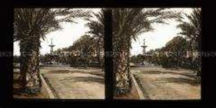 Blick zum Brunnen Fontaine Godillot mit Platz und Palmen, Hyères