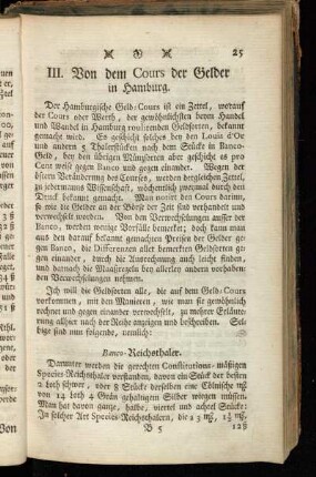 III. Von dem Cours der Gelder in Hamburg.
