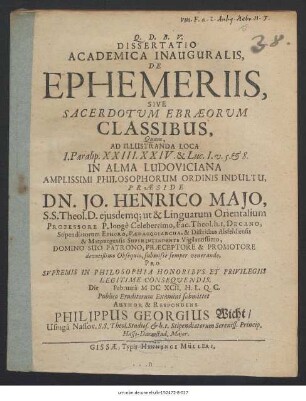 Dissertatio Academica Inauguralis, De Ephemeriis, Sive Sacerdotum Ebraeorum Classibus