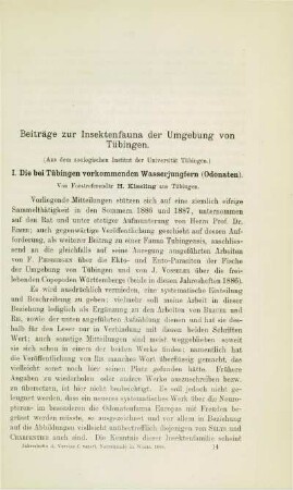 Beiträge zur Insektenfauna der Umgebung von Tübingen. I. Die bei Tübingen vorkommenden Wasserjungfern (Odonaten)