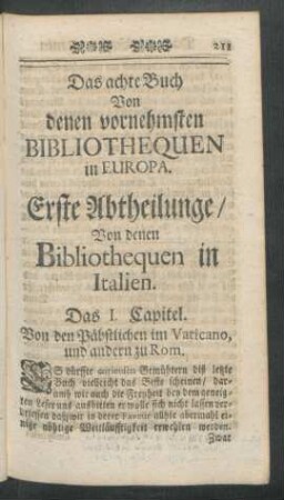 Das achte Buch Von denen vornehmsten Bibliothequen in Europa.