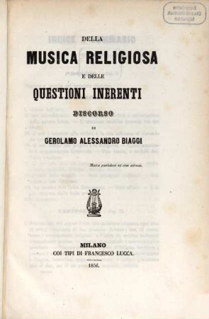 Della musica religiosa e delle questioni inerenti discorso