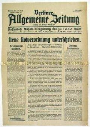 Tageszeitung "Berliner Allgemeine Zeitung" u.a. zur Unterzeichnung der vierten Notverordnung
