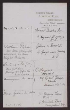 Schreiben an Hermann Muthesius, Adressen von Architekten (Brief)
