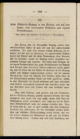 III. Ueber Milchvieh-Nutzung in den Städten und auf dem Lande, nach vorliegenden Beispielen und eigenen Beobachtungen