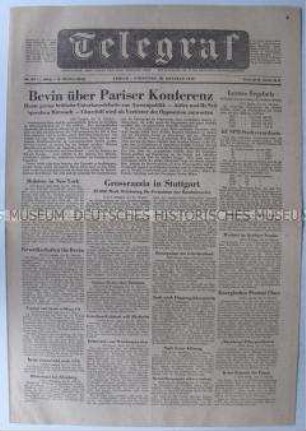 (West)-Berliner Tageszeitung "Telegraf" u.a. zu den Ergebnissen der Pariser Außenministerkonferenz der Alliierten und der Kommunalwahl in Berlin