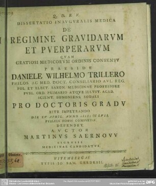 Dissertatio Inauguralis Medica De Regimine Gravidarum Et Puerperarum