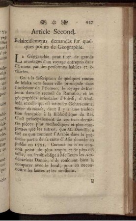 Article Second. Eclaircissements demandés sur quelques points de Géographie.