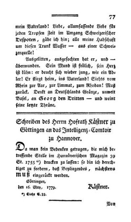 Schreiben des Herrn Hofrath Kästner zu Göttingen an das Intelligenz-Comtoir zu Hannover.
