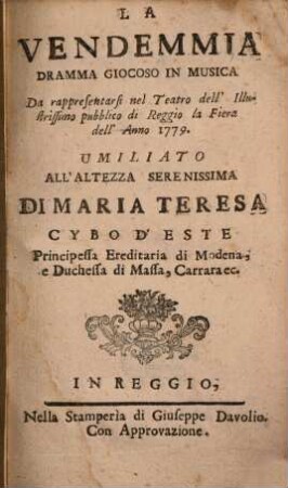 La vendemmia : Dramma giocoso in musica