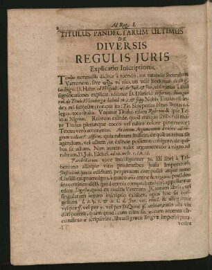 Titulus Pandectarum Ultimus De Diversis Regulis Iuris Explicatio Inscriptionis.