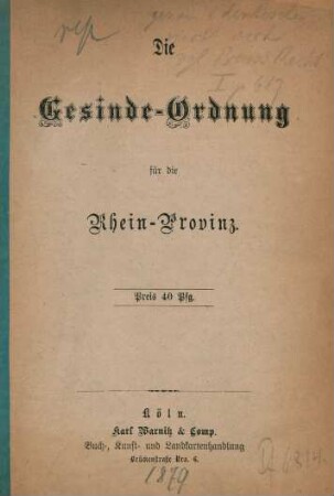 Die Gesinde-Ordnung für die Rhein-Provinz