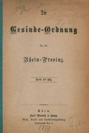 Die Gesinde-Ordnung für die Rhein-Provinz