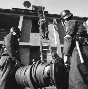 Kassel. Übung der Freiwilligen Feuerwehr Kassel. Feuerwehrmann auf ausgefahrener Leiter beim Aufstieg auf ein Dach, inzwischen wird der Löschschlauch gebracht
