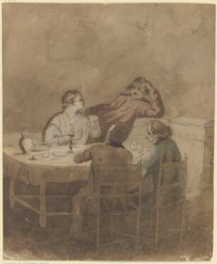 Frau mit drei Männern bei Kerzenlicht an der Tafel