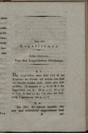 Von den Logarithmen. Erster Abschnitt. Von den Logarithmen überhaupt.