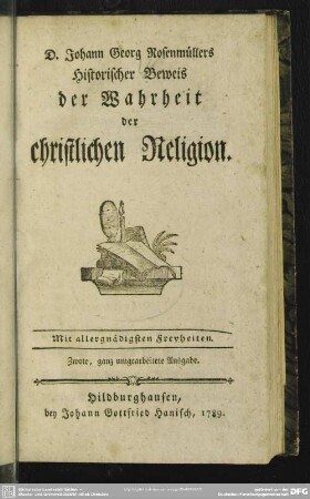 D. Johann Georg Rosenmüllers Historischer Beweis der Wahrheit der christlichen Religion