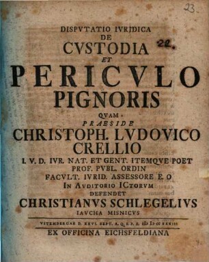 Dispvtatio Ivridica De Cvstodia Et Pericvlo Pignoris