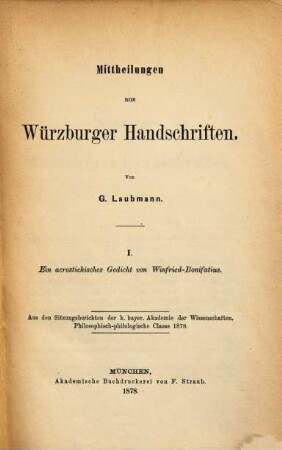 Mittheilungen aus Würzburger Handschriften, 1. Ein acrostichisches Gedicht von Winfried-Bonifatius