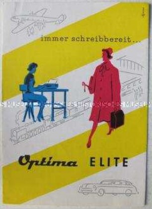 Werbeprospekt des VEB Optima Büromaschinenwerk Erfurt für die Schreibmaschine "Optima Elite"