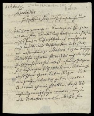 Brief von Johann Hübner an Christoph Enoch Buchta