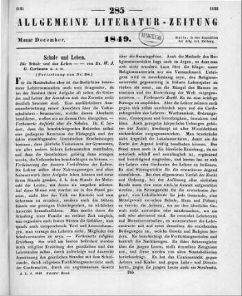 Curtmann, W. J. G.: Die Schule und das Leben, eine gekrönte Preisschrift. 2. Aufl. Friedberg: Bindernagel 1847 (Fortsetzung von Nr. 284)