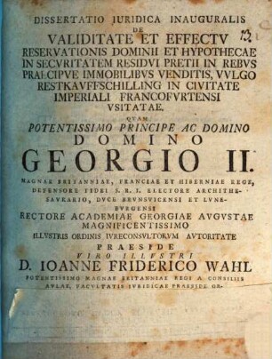 De validitate et effectu reservationis dominii et hypothecae in securitatem residui pretii in rebus, praecipue immobilibus venditis, vulgo Restkauffschilling in civitate imperiali Francofurtensi usitatae