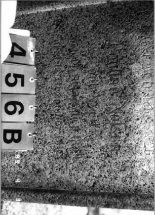 Grabstein 456 (Index: 100088464) Material: Rosengranit Zustand: mit Efeu bewachsen Maße HxBxT: 160x46x20 cm Symbolik: Kanne (?) Besonderheit: Doppelgrab: Grabstein 456B