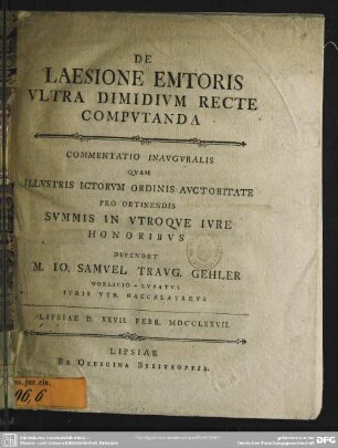 De Laesione Emtoris Ultra Dimidium Recte Computanda : Commentatio Inauguralis