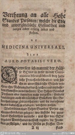 TRACTATUS DE MEDICINA UNIVERSALI, SIVE AURO POTABILI VERO.