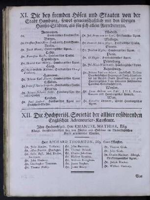 XI. Die bey fremden Höfen und Staaten von der Stadt Hamburg, sowol gemeinschaftlich mit den übrigen Hansee-Städten, als für sich allein Accreditirten.