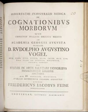 Dissertatio Inavgvralis Medica De Cognationibvs Morborvm