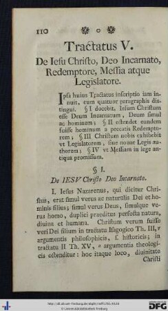 Tractatus V. De Iesu Christo, Deo Incarnato, Redemptore, Messa atque Legislatore.