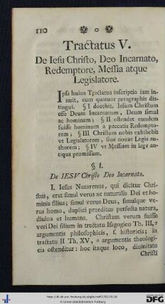 Tractatus V. De Iesu Christo, Deo Incarnato, Redemptore, Messa atque Legislatore.