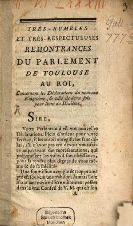 Trés-Humbles Trés-Respectueuses Remonstrances Du Parlement de Toulouse Au Roi