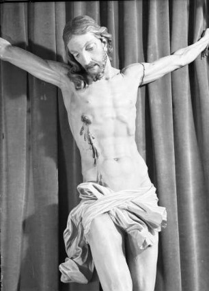 Kruzifix : Permoser, Balthasar. Kruzifix. Lindenholz, geschnitzt, gefasst; Höhe 192 cm. Vor 1713. Detail: Hüftstück. Bautzen, Dom St. Petri, katholischer Teil