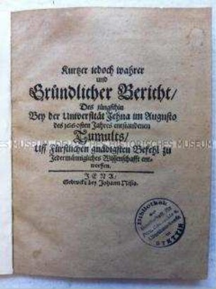 Bericht über den Jenaer Studentenaufstand von 1660