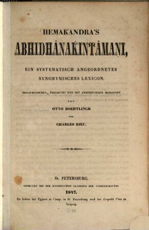 Hemakandra's Abhidhānakintāmaṇi : ein systematisch angeordnetes synonymisches Lexicon