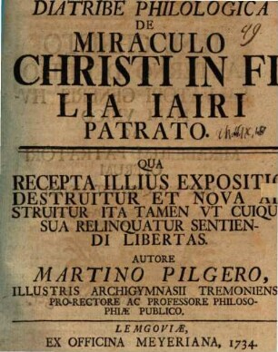 Diatribe philol. de miraculo Christi in filia Jairi patrato