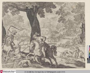 [Jagdszene mit Hirsch, Wildschwein und Bär; Multiple hunt of a stag, a boar, a bear, and a wolf]