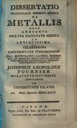 Dissertatio Inauguralis Chemico-Medica De Metallis