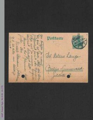Postkarte von Elisabeth Altmann-Gottheiner an Helene Lange