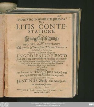 Disputatio Inauguralis Iuridica De Litis Contestatione Sive Kriegsbefestigung