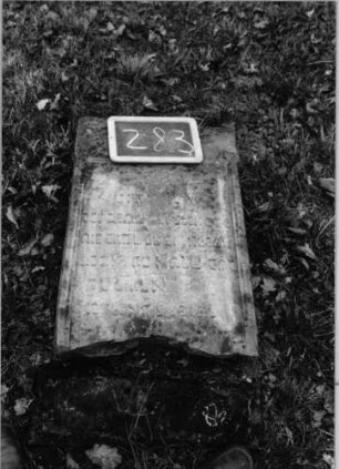 Grabstein 283 (Index: 100090168) Material: Sandstein Zustand: beschäd/stark verwitt/Textverlust Maße HxBxT: 75x45x12 cm Beschreibung: Stele, Schriftfeld eingetieft: Grabstein 283