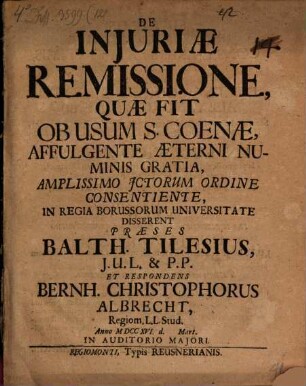 Diss. inaug. de iniuriae remissione, quae fit ob usum s. coenae